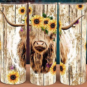 Sunflower Highland Cattle Wood Fence Tumbler 20oz
